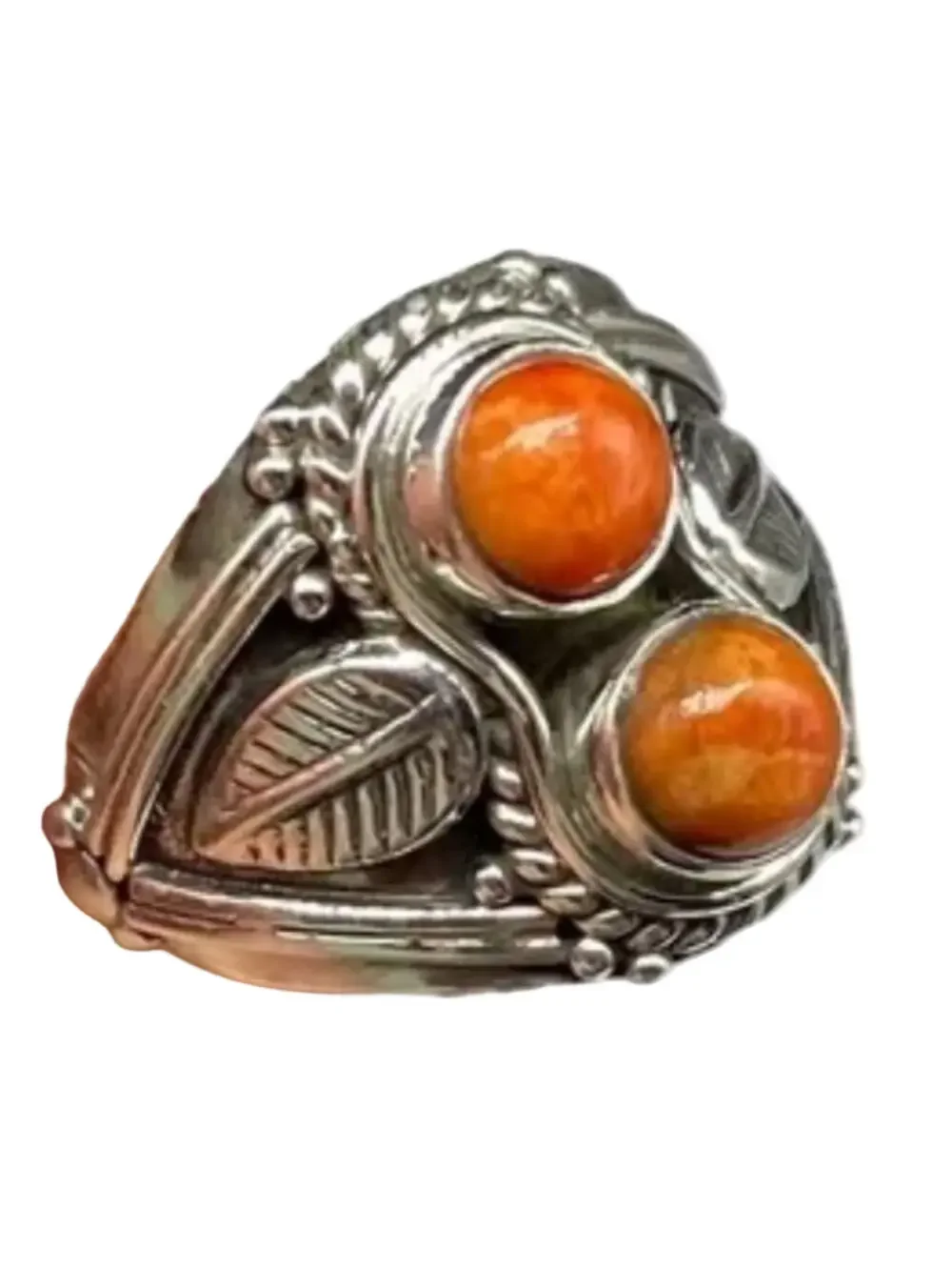 Solid 925 Sterling Silver & Orange Mojave Turquoise Leaf Boho Design Ring